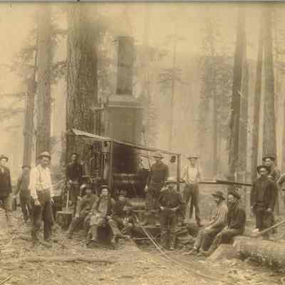 Photograph of loggers with a donkey engine, Wendling, Oregon, circa 1890-1910