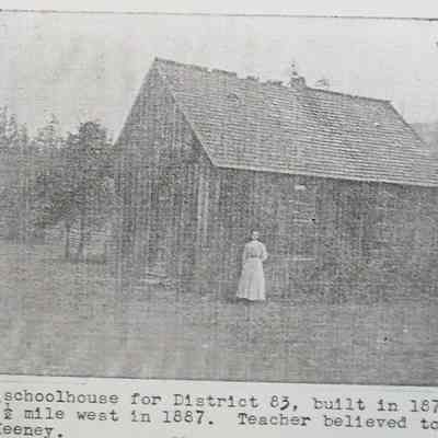Photograph of the first Fall Creek school building, Oregon, 1887