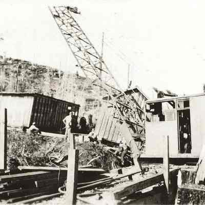 Photograph of moving the Robertson's home from Camp 2 to Camp 5, at Booth-Kelly Camps above Wendling, Oregon, 1935
