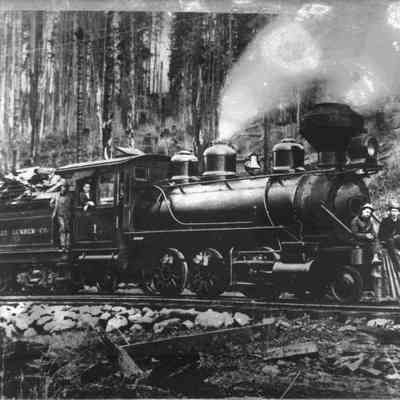 Photograph of five unidentified men on Booth-Kelly Engine, 1908