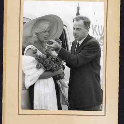 Photograph of Jayne Mansfield, "Miss Jayne Mansfield Visits Our Area." Date unknown.
