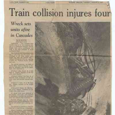 Newspaper clipping "Train collision injures four", August 2nd, 1977
