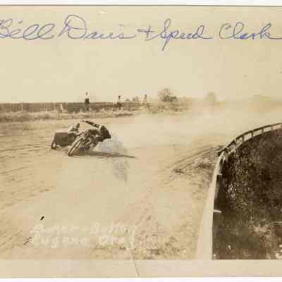 Photograph of Bill Davis and Speed Clark on a motorcycle racetrack, Eugene, Oregon, circa 1930