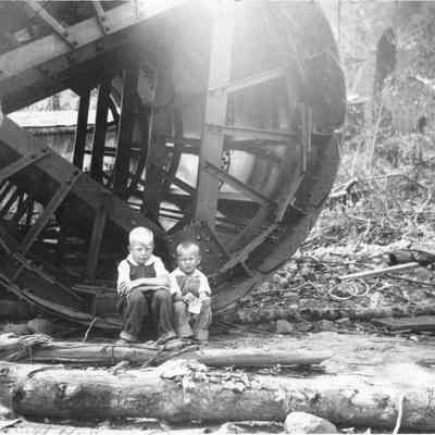 Photograph of two boys at the construction of the Leaburg Dam, Oregon