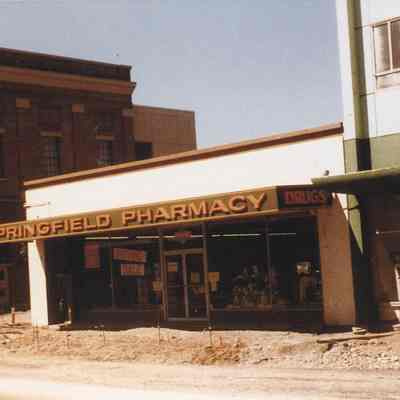 Photograph of Springfield Pharmacy during Reconstruction of Main Street by State Highway Department, 1988