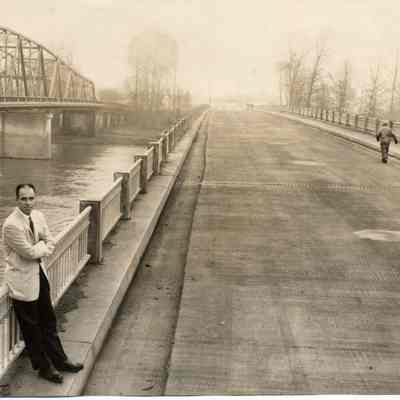 Photograph of Springfield's new bridge and Mayor Ed Harms, Springfield, Oregon, circa 1952-1960.