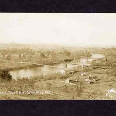Photograph on postcard of three bridges at Springfield Oregon