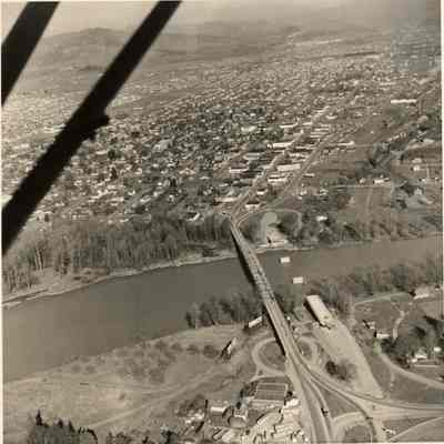 Photograph of aerial view of new Springfield bridge in use, Springfield, Oregon, 1957