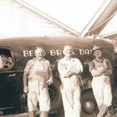Photograph of Telmer, Ernest, and Morris Berg at Berg Brothers Dairy Co, Thurston, Oregon, Circa 1940