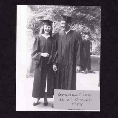 Photograph of Gordon Rennie and Sandra Rennie graduating from the University of Oregon, Eugene, Oregon, 1954