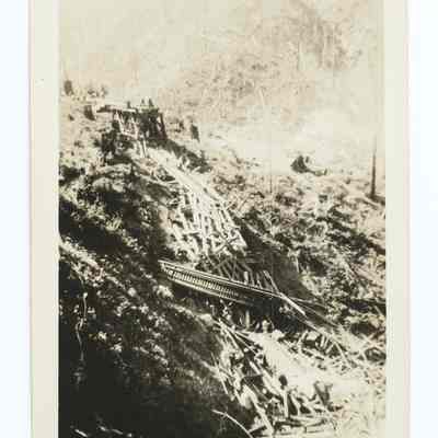 Photograph of the collapse of a train trestle bridge, Tillamook Branch, South Pacific Railroad, 1939-1940
