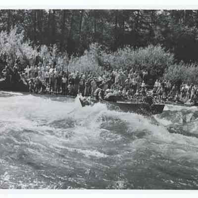 Photograph of boats and spectators at the McKenzie River White Water Parade, circa 1969