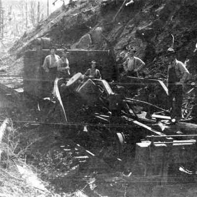 Photograph of carriage of the Booth-Kelly 4-Spot Heisler after the boiler explosion, Wendling, Oregon, 1920