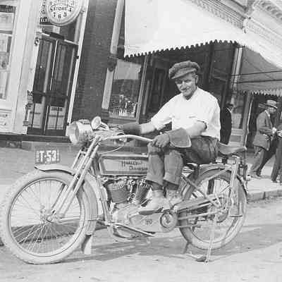 Photograph of motorcyclist on a Harley-Davidson, circa 1914