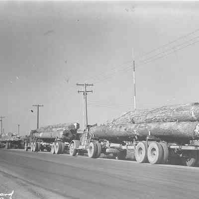 Photograph of log trucks on East Main Street, 1948