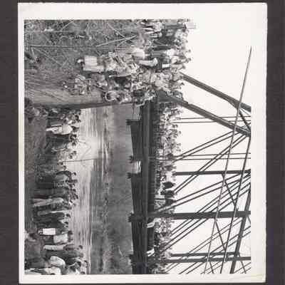 Photograph of large group of people on bridge, along side of bridge, and under bridge all looking up river. Date unknown.