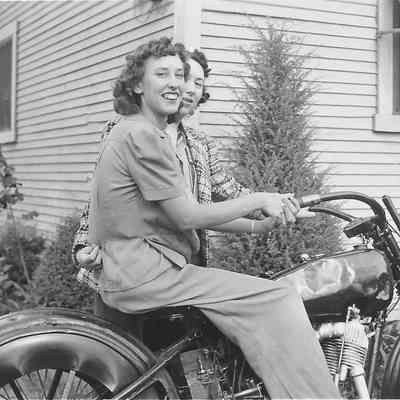 Elva Moyer and Elwina Meacham on Motorcycle