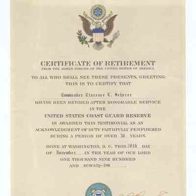 Clarence Scherer Retirement Certificate, U.S. Coast Guard, 1972