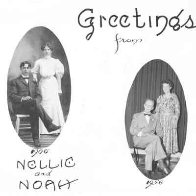 Anniversary postcard of Nellie and Noah Helterbrand, 1906/1956