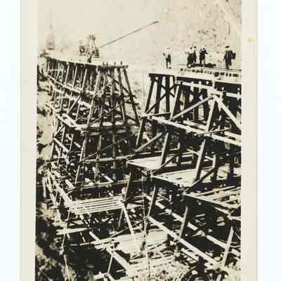 Photograph of the collapse of a train trestle bridge, Tillamook Branch, South Pacific Railroad, 1939-1940