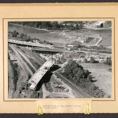 Photograph of the construction of freeway bridge at Judkins Point, Springfield-Eugene, Oregon. Date unknown.