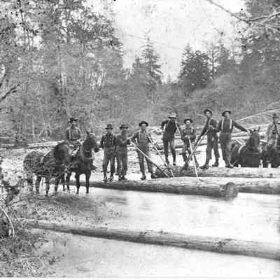 Photograph of rear gang on Fall Creek, Fall Creek, Oregon, circa 1900-1920