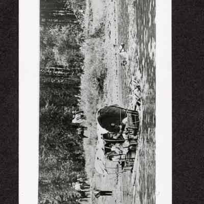 Photograph of Call Young forging Willamette River with horse team and covered wagon. Oregon Trail Pageant. Date unknown.