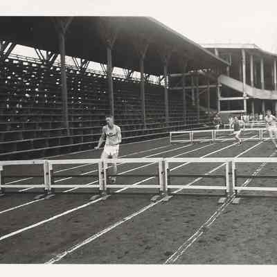 Clair Thomas, Springfield High runner, at track meet, Hayward Field, University of Oregon, 1940's.