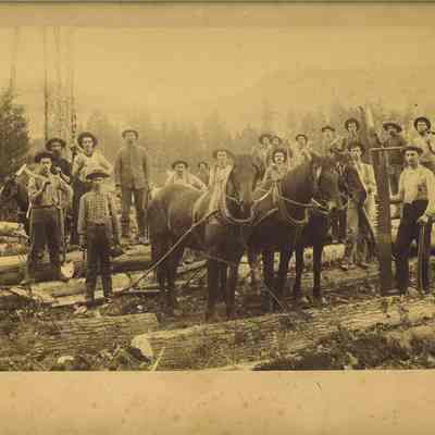 Photograph of loggers posing with tools, c.1890-1910