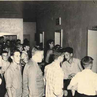 Photograph of students receiving gym materials at Springfield High School Registration, Springfield, Oregon, circa 1940s