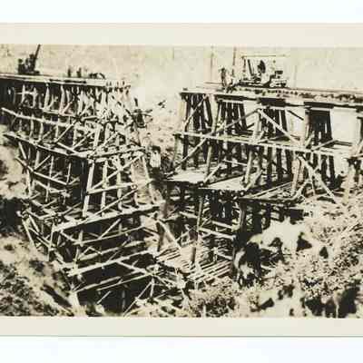 Photograph of the collapse of a train trestle bridge, Tillamook Branch, South Pacific Railroad, 1939-1940