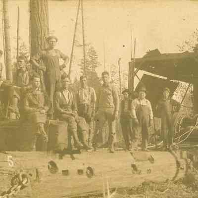 Photograph of Postcard of Loggers with a Steam Donkey