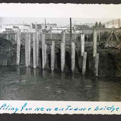 Photograph of piling for new entrance bridge, 1949