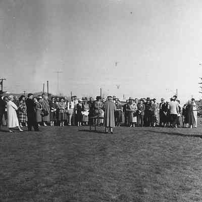Photograph of people listening to a speech at Oregon Centennial Celebration, 1959
