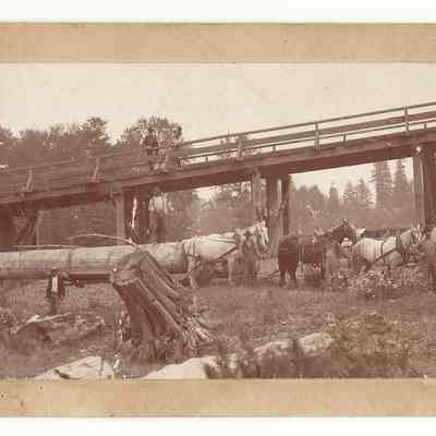 Photograph of Ferry Street Bridge, loggers and workers, Eugene, Oregon