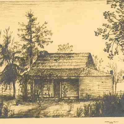 Sketch of Paul Brattain's original cabin, Springfield, 1893.