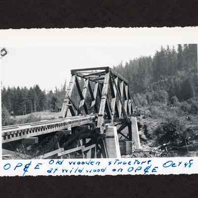 Photograph of OP&E wooden railroad bridge, Wildwood, Oregon, 1948