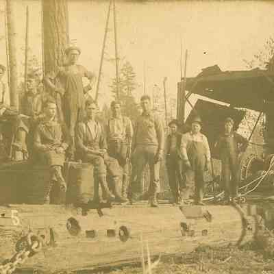 Photograph of Postcard of Loggers with Steam Donkey