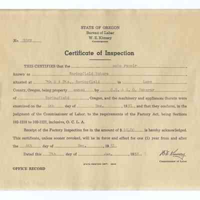 Certificate of Inspection, State of Oregon Bureau of Labor, Springfield Motors, 1951-52