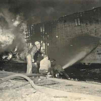 Photograph of fire at Winlock Handle Factory, Springfield, Oregon, 1950
