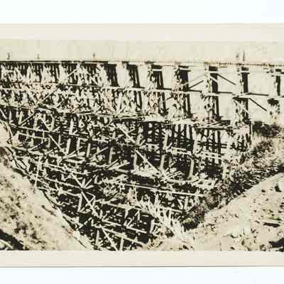 Photograph of the collapse of a train trestle bridge, Tillamook Branch, South Pacific Railroad, 1939-1940