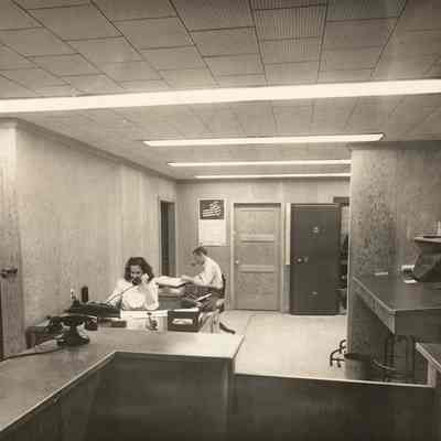 Photograph of the reception area of the main office at Fischer Lumber Company, Marcola, Oregon, circa 1948