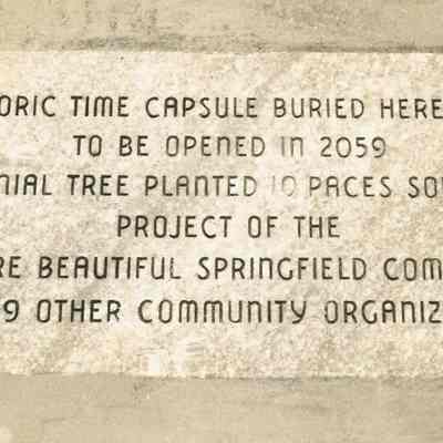 Photograph of granite plaque on site of time capsule, 1959.
