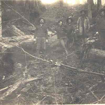 Photograph of five unidentified men in woods, Fall Creek, Oregon, 1904