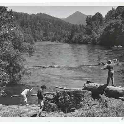 Photograph of fishermen on the McKenzie River banks, Oregon, circa 1969