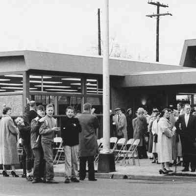 Photograph of people in front of Springfield Library, Springfield, Oregon, date unknown