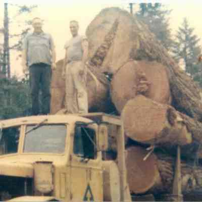 Photograph of two men standing on top of a logging truck, circa 1970s
