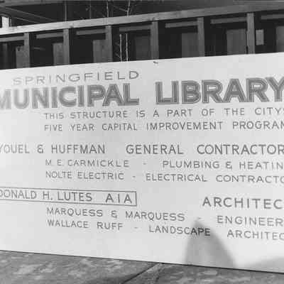 Photograph of Municipal Library Construction Sign, Springfield, Oregon, date unknown