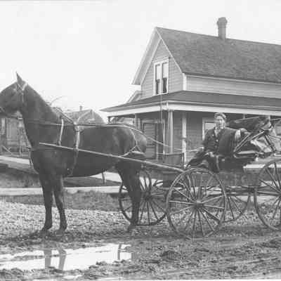 Photograph of Floyd Fry in buggy pulled by a horse, Springfield, Oregon