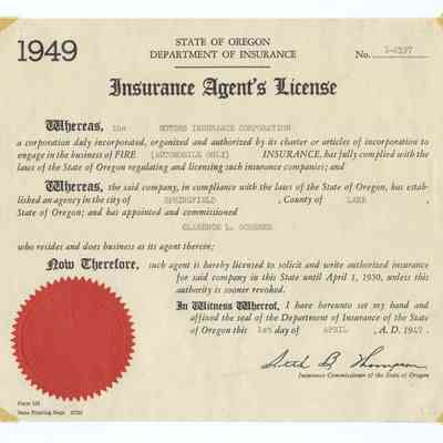 Springfield Motors, Insurance Agent's Licenses State of Oregon, 1949-1968